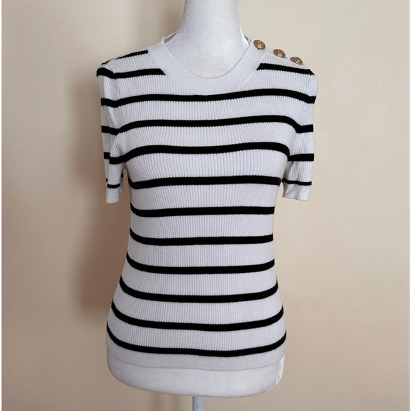 NWOT L’Agence Delphine Striped Ribbed Knit Sweater Short Sleeve Black/White - Picture 3 of 8